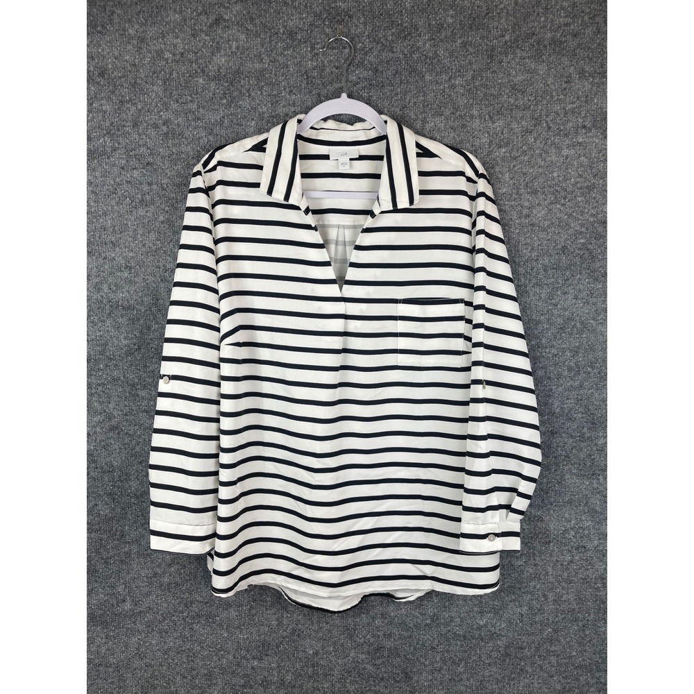 J. Jill Tunic Top Womens XL White Navy Excellent Striped Roll Tab V-Neck Blouse